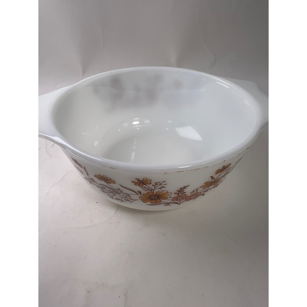Vintage Pyrex England Autumn Glory Milk‎ Glass Mixing Bowl Floral Tab Handle 6in